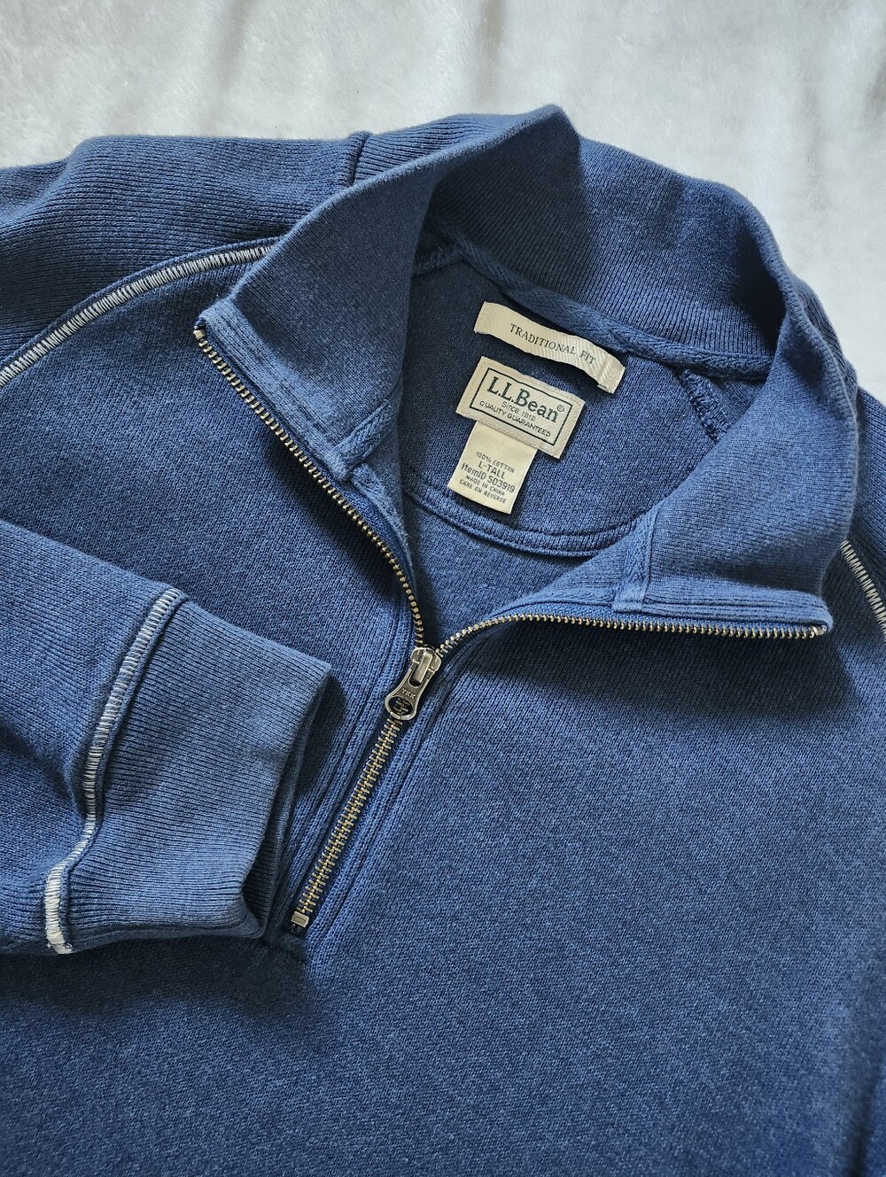 L.L. BEAN Men's Size Large Tall Navy Blue Cotton Quarter Zip Pullover Sweater